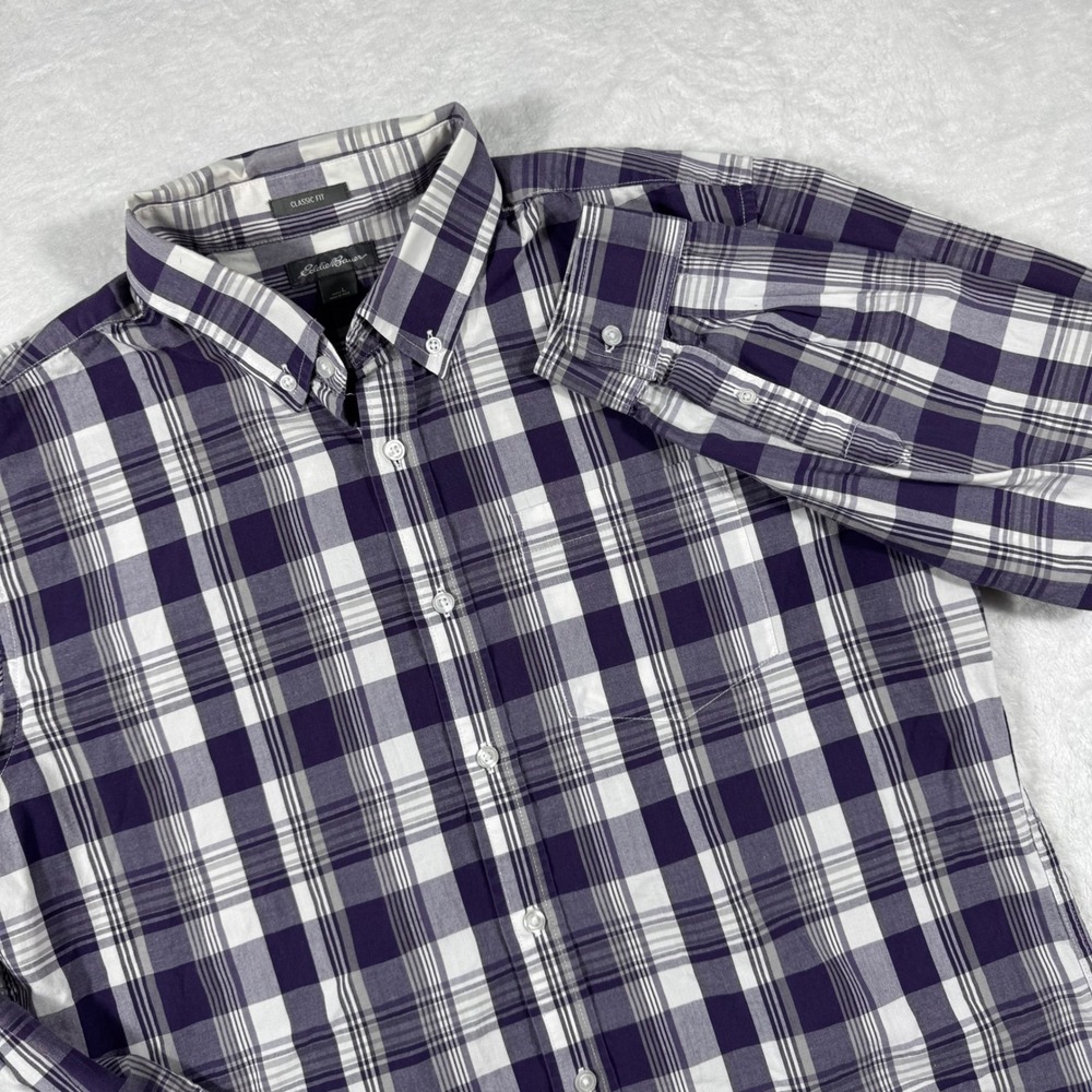 Eddie Bauer Men's Large Purple Plaid Button Down Shirt Classic Fit Cotton